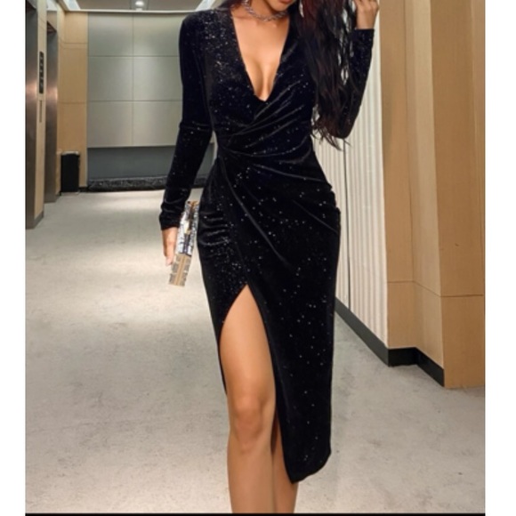 Luxe party wedding formal evening wrap glitter velvet dress - Picture 4 of 5